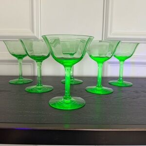 Vintage Pair (2) Uranium Optic Panel Stemmed Champagne Sherbet Glasses